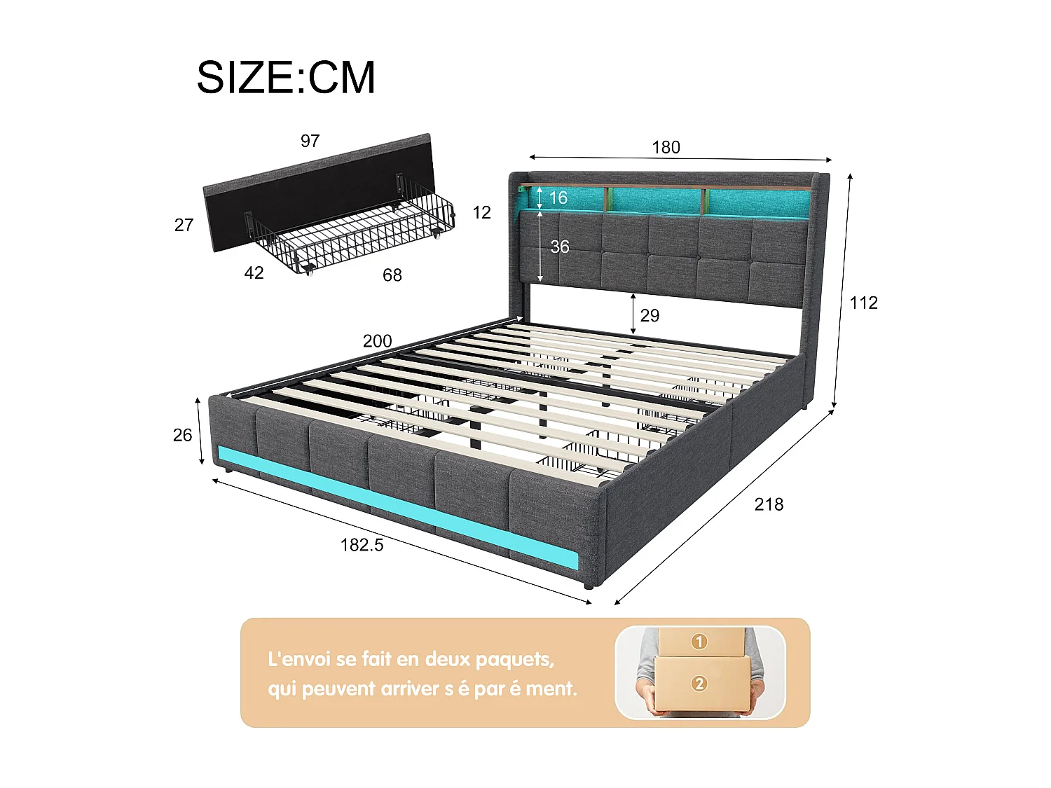 180x200 cm Bed - NEXU - LED - 180x200 cm tweepersoonsbed met lattenbodem - linnen stof - 180x200 cm bedframe met lade - grijs