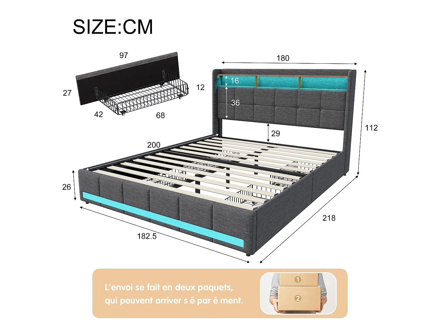 Lit NEXU 180x200 cm en tissu lin gris - Lit double adulte avec sommier à lattes, tiroirs de rangement et éclairage LED intégré