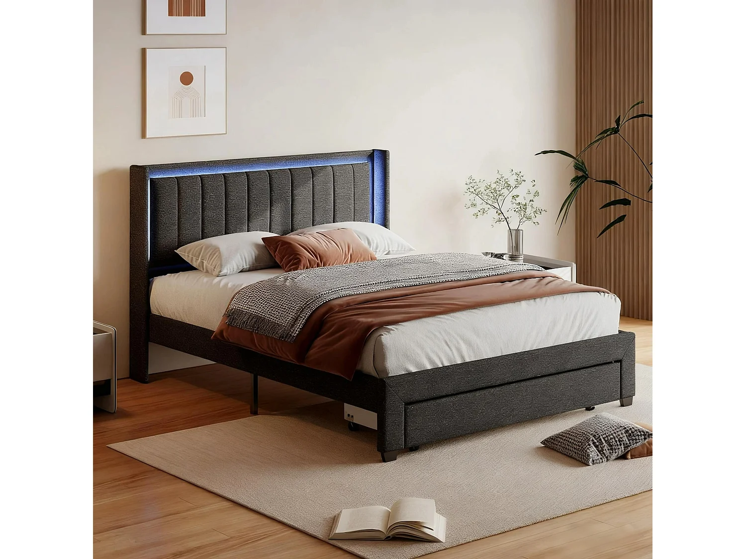 Lit 140x200 cm avec sommier à latte - NEXU - LED - USB - lit adulte 140x200 tissu en lin - cadre de lit tiroir 140x200 cm - gris