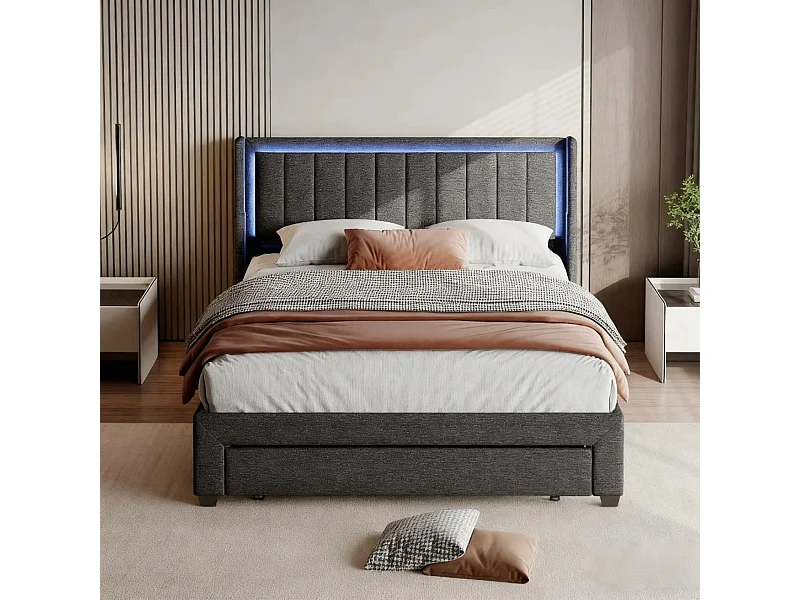 Lit 140x200 cm avec sommier à latte - NEXU - LED - USB - lit adulte 140x200 tissu en lin - cadre de lit tiroir 140x200 cm - gris