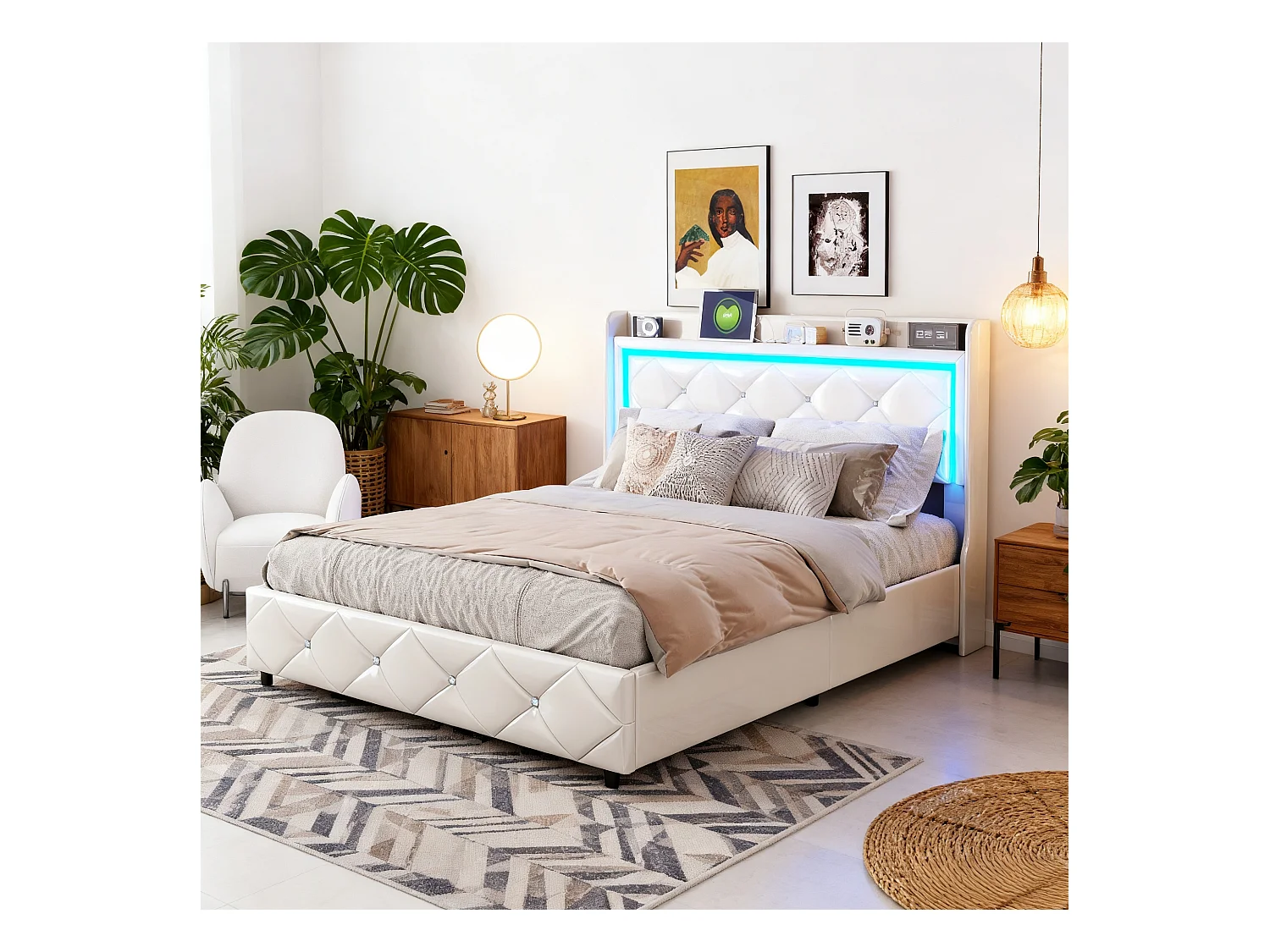 Lit adulte 140x200 cm - NEXU - LED - sommier à lattes - tissu en PU -  cadre de lit coffre 140x200 cm - blanc