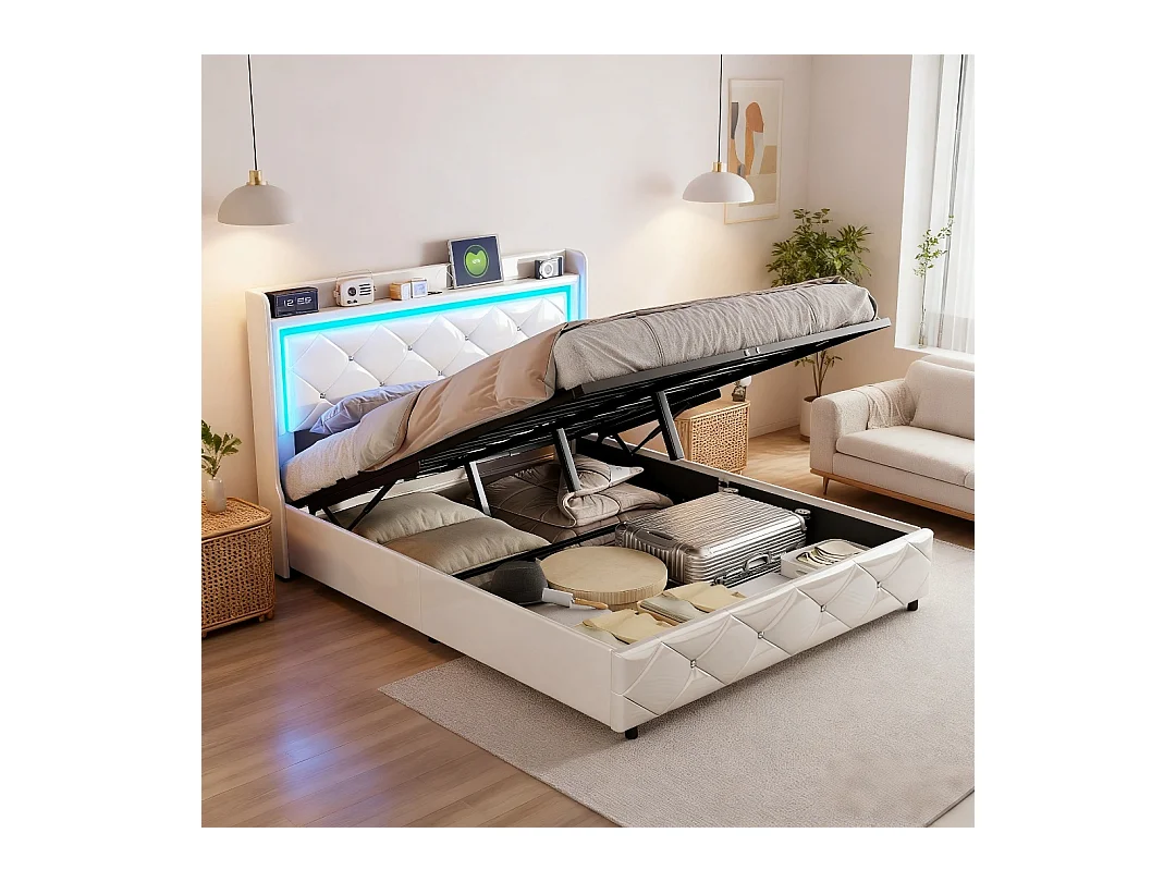 Lit adulte 140x200 cm - NEXU - LED - sommier à lattes - tissu en PU -  cadre de lit coffre 140x200 cm - blanc