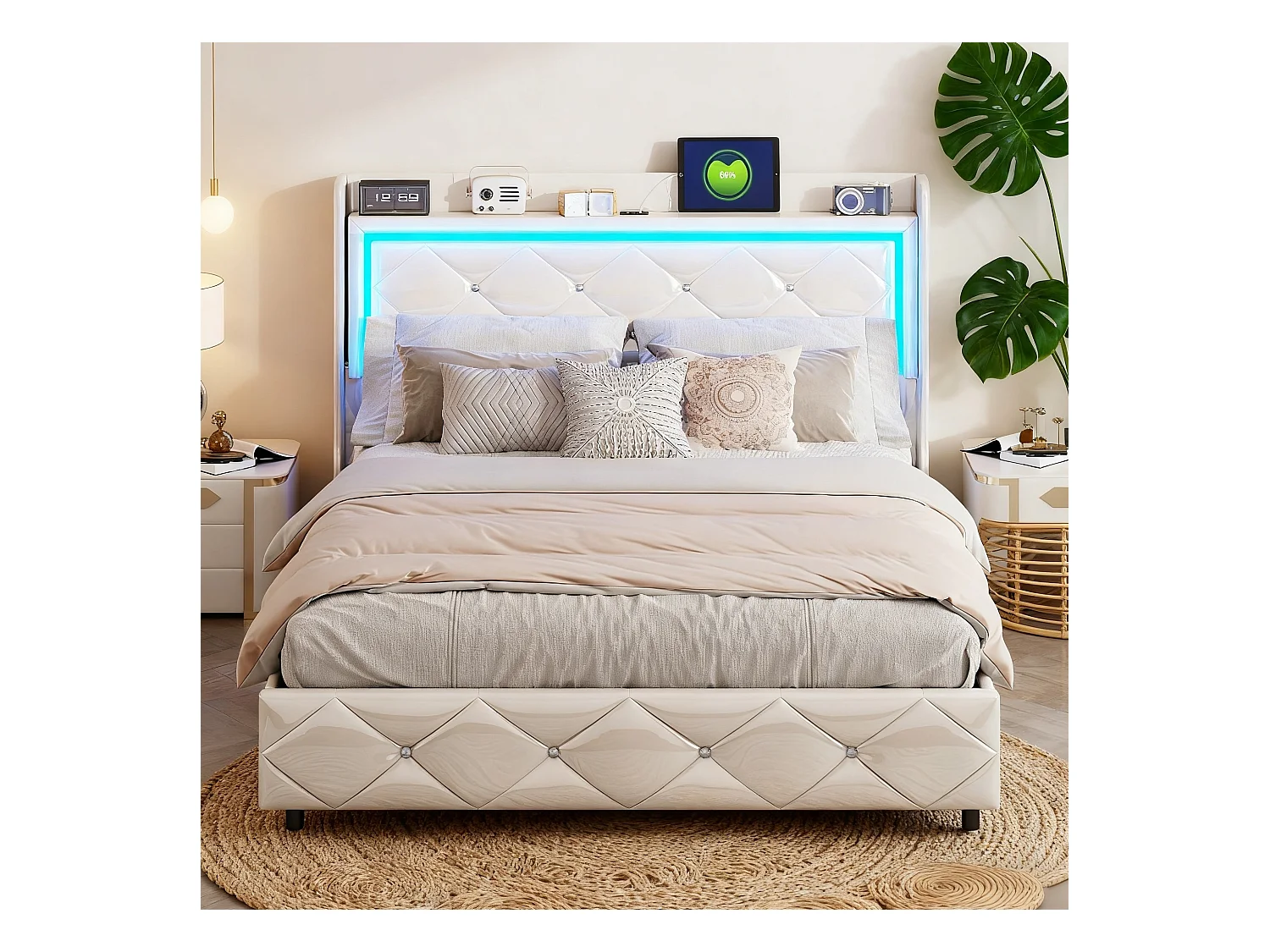 Lit adulte 140x200 cm - NEXU - LED - sommier à lattes - tissu en PU -  cadre de lit coffre 140x200 cm - blanc