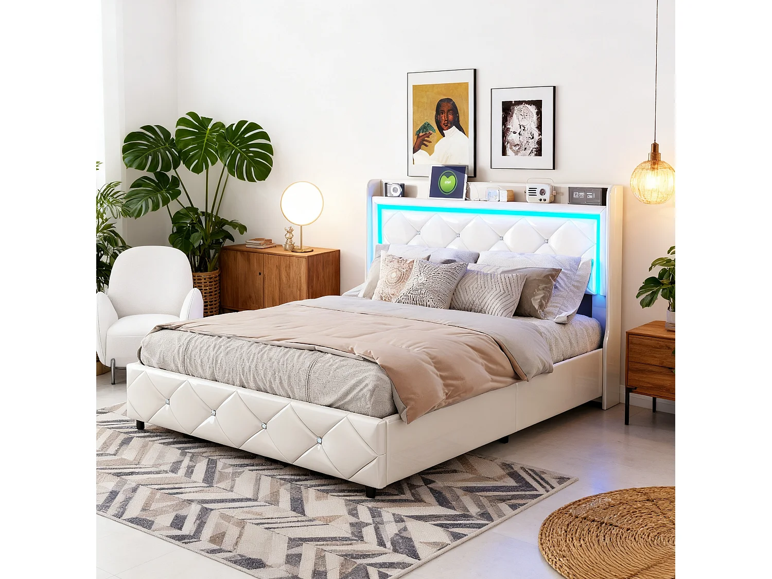lit coffre 140x200 cm avec sommier à lattes, tête de lit capitonné en tissu PU, lit adulte 140x200 cm, LED et USB, blan
