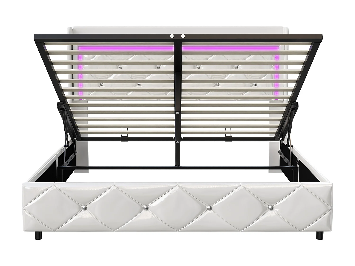 lit coffre 140x200 cm avec sommier à lattes, tête de lit capitonné en tissu PU, lit adulte 140x200 cm, LED et USB, blan