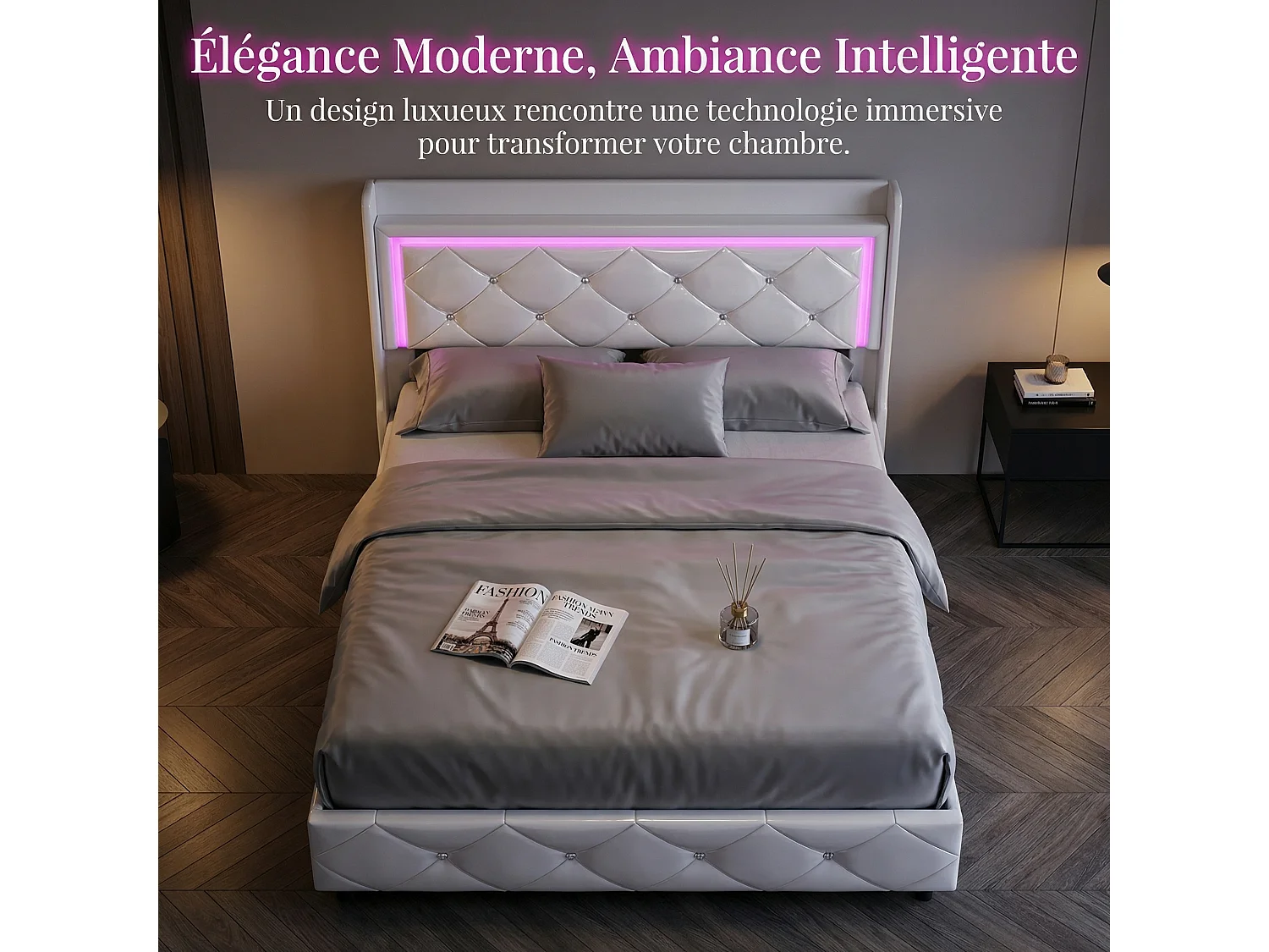 Volwassen bed 140x200 cm - NEXU - LED - lattenbodem - PU-stof - bedframe met opbergruimte 140x200 cm - wit