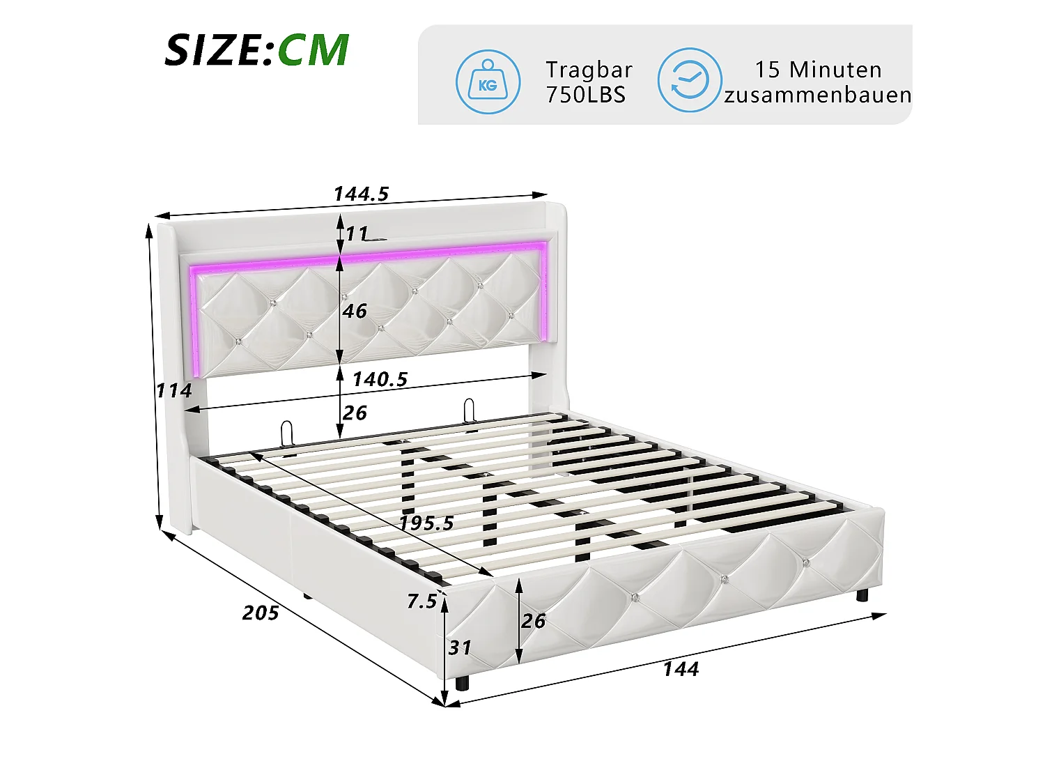 Volwassen bed 140x200 cm - NEXU - LED - lattenbodem - PU-stof - bedframe met opbergruimte 140x200 cm - wit