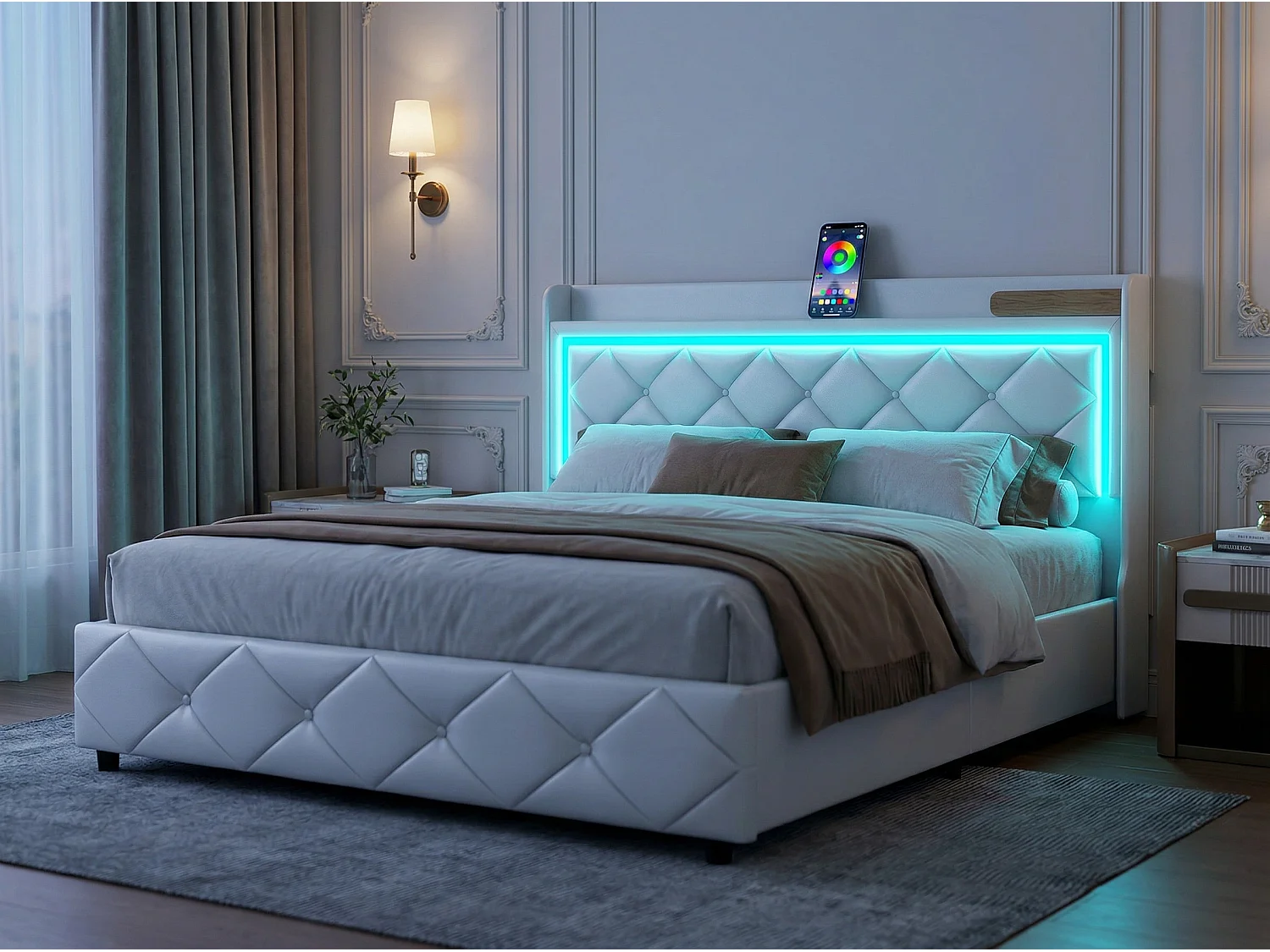 Lit coffre 140 x 200 cm - Lit adulte avec sommier à lattes, tête de lit capitonnée, LED et port USB - tissu PU blanc