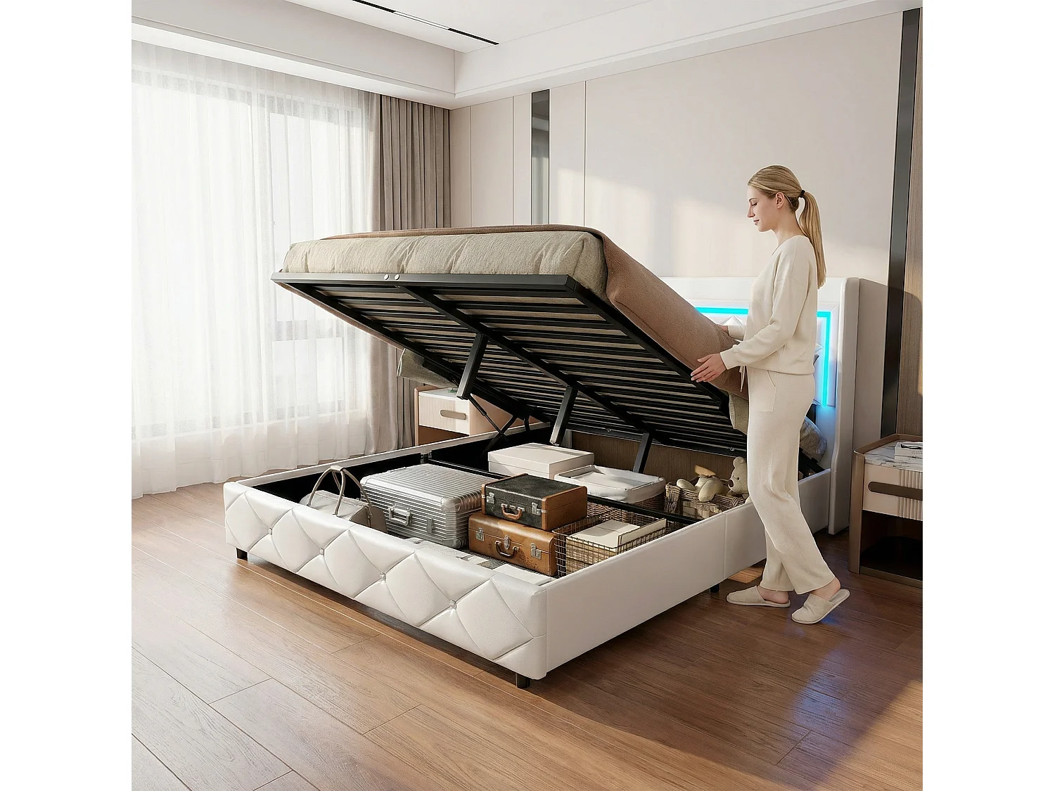 Volwassen bed 140x200 cm - NEXU - LED - lattenbodem - PU-stof - bedframe met opbergruimte 140x200 cm - wit