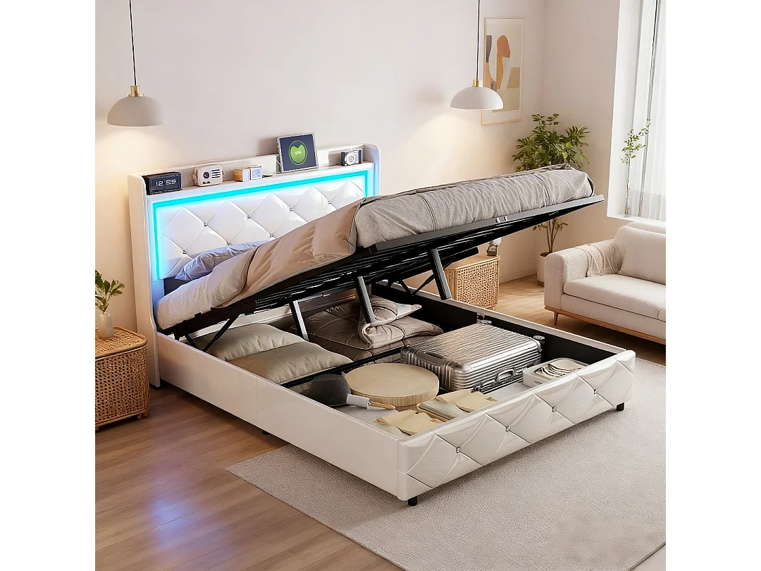 Lit adulte 160x200 cm avec LED et USB - NEXU - lit coffre 160x200 sommier à lattes - tissu en PU -  cadre de lit double 160x200 cm - blanc
