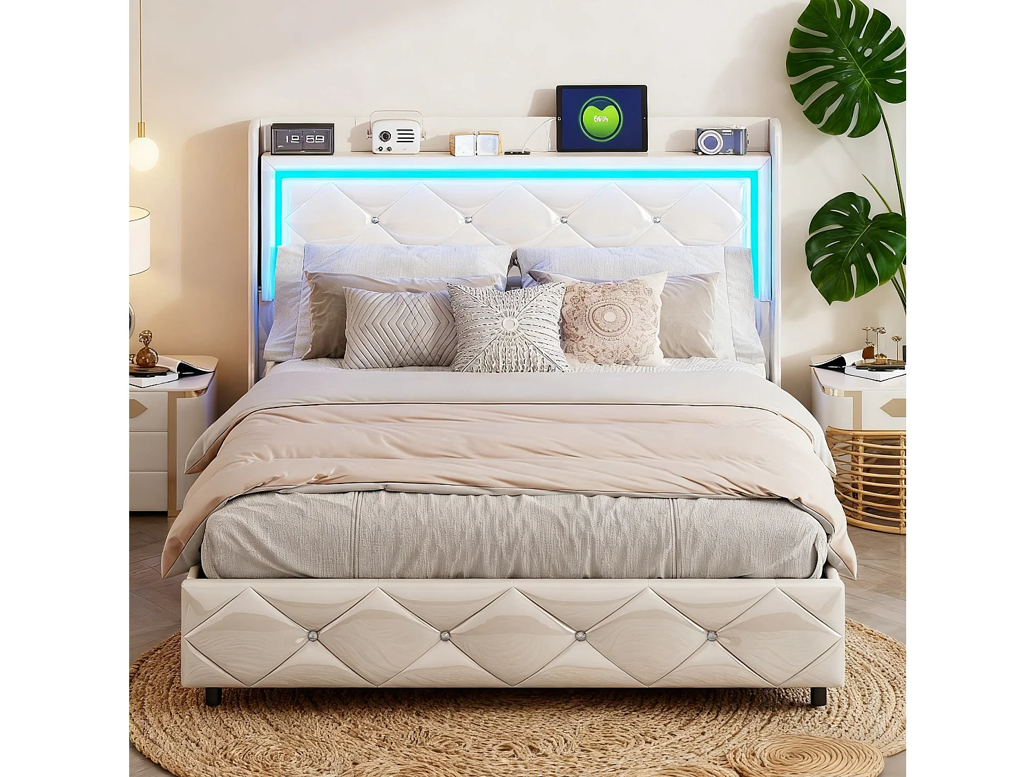 Lit adulte 160x200 cm avec LED et USB - NEXU - lit coffre 160x200 sommier à lattes - tissu en PU -  cadre de lit double 160x200 cm - blanc
