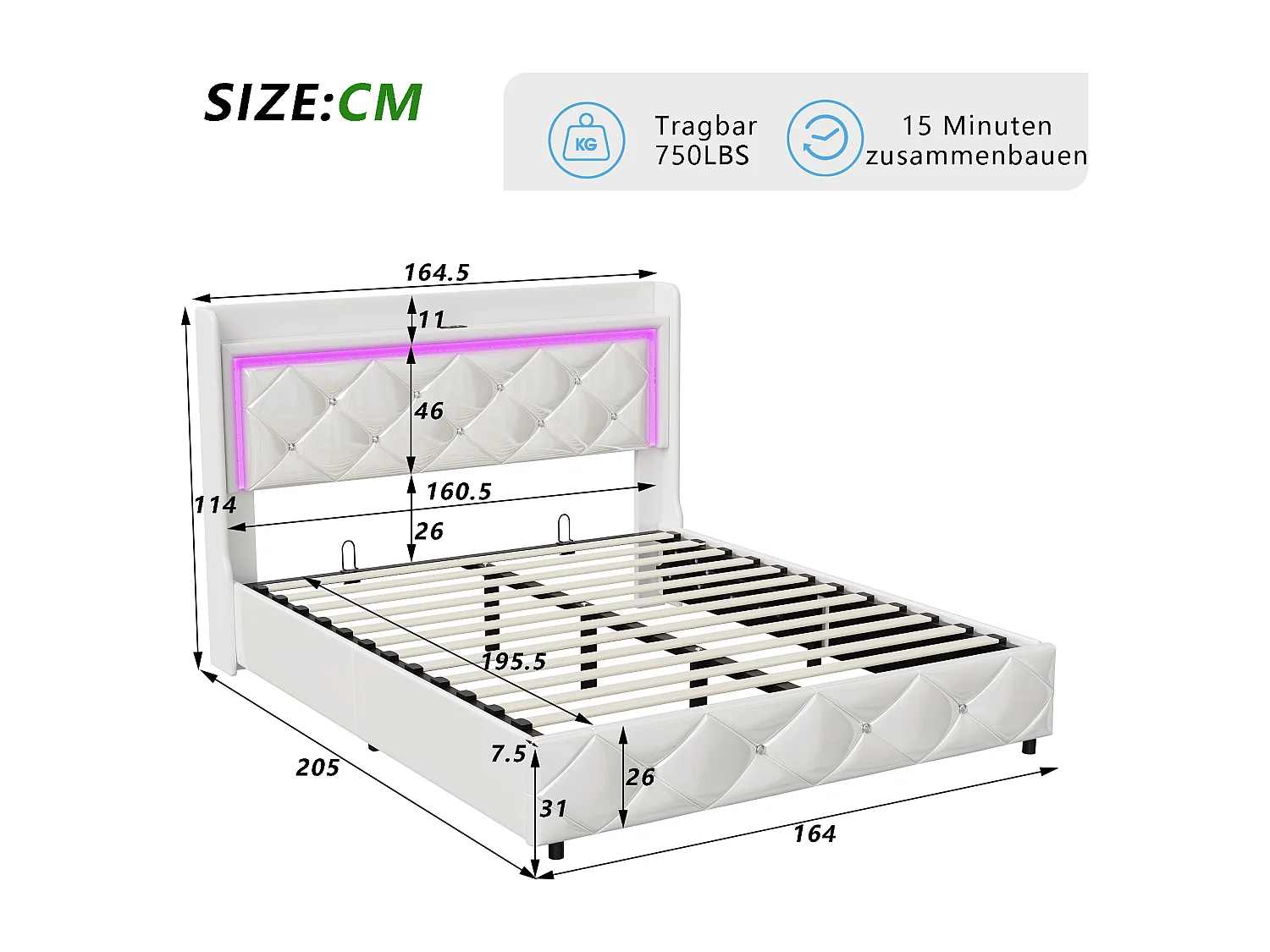 Lit adulte 160x200 cm avec LED et USB - NEXU - lit coffre 160x200 sommier à lattes - tissu en PU -  cadre de lit double 160x200 cm - blanc