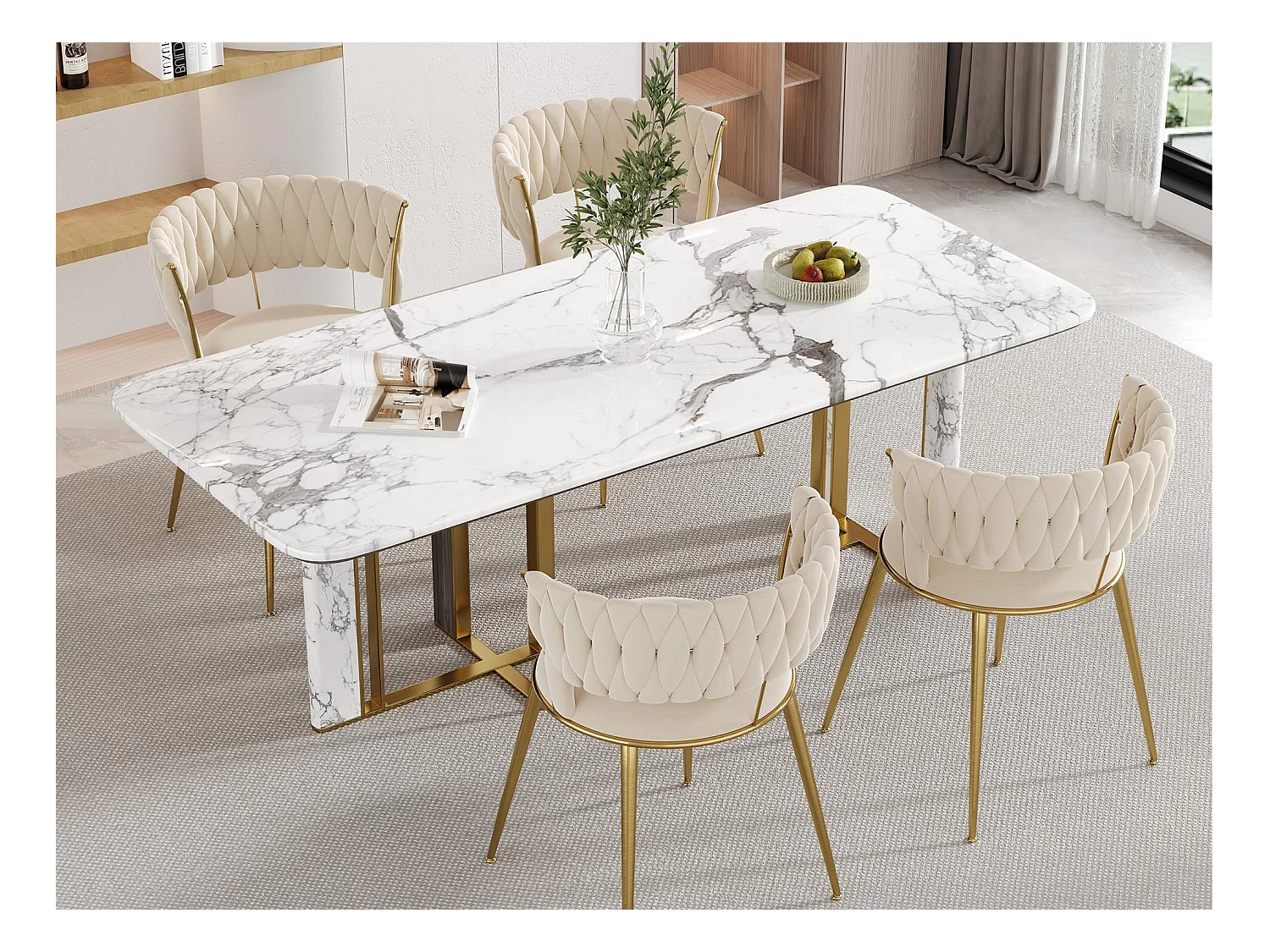 Lot de 4 chaises en velours ivoire - dossier ajouré tressé et pieds dorés - Idéales pour intérieur chic et contemporain