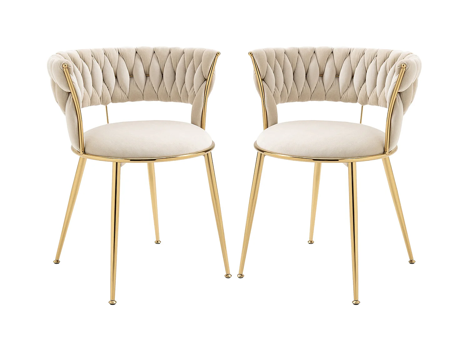 Lot de 4 chaises en velours ivoire - dossier ajouré tressé et pieds dorés - Idéales pour intérieur chic et contemporain