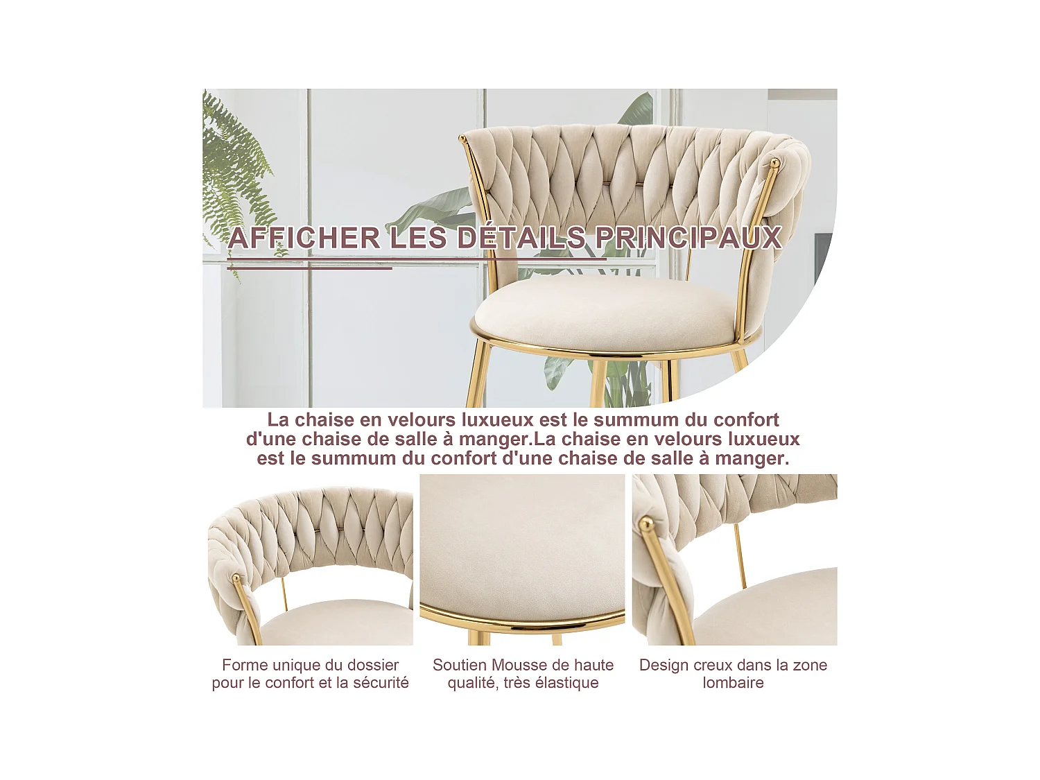 Lot de 4 chaises en velours ivoire - dossier ajouré tressé et pieds dorés - Idéales pour intérieur chic et contemporain