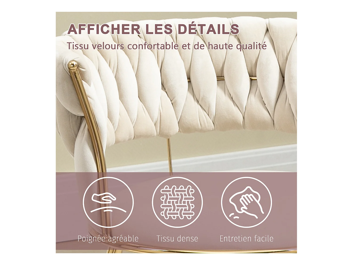 Lot de 4 chaises en velours ivoire - dossier ajouré tressé et pieds dorés - Idéales pour intérieur chic et contemporain