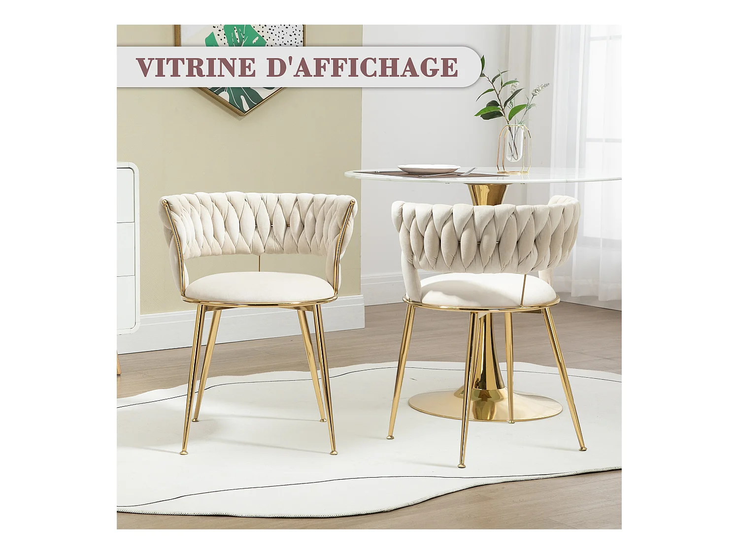 Lot de 4 chaises en velours ivoire - dossier ajouré tressé et pieds dorés - Idéales pour intérieur chic et contemporain