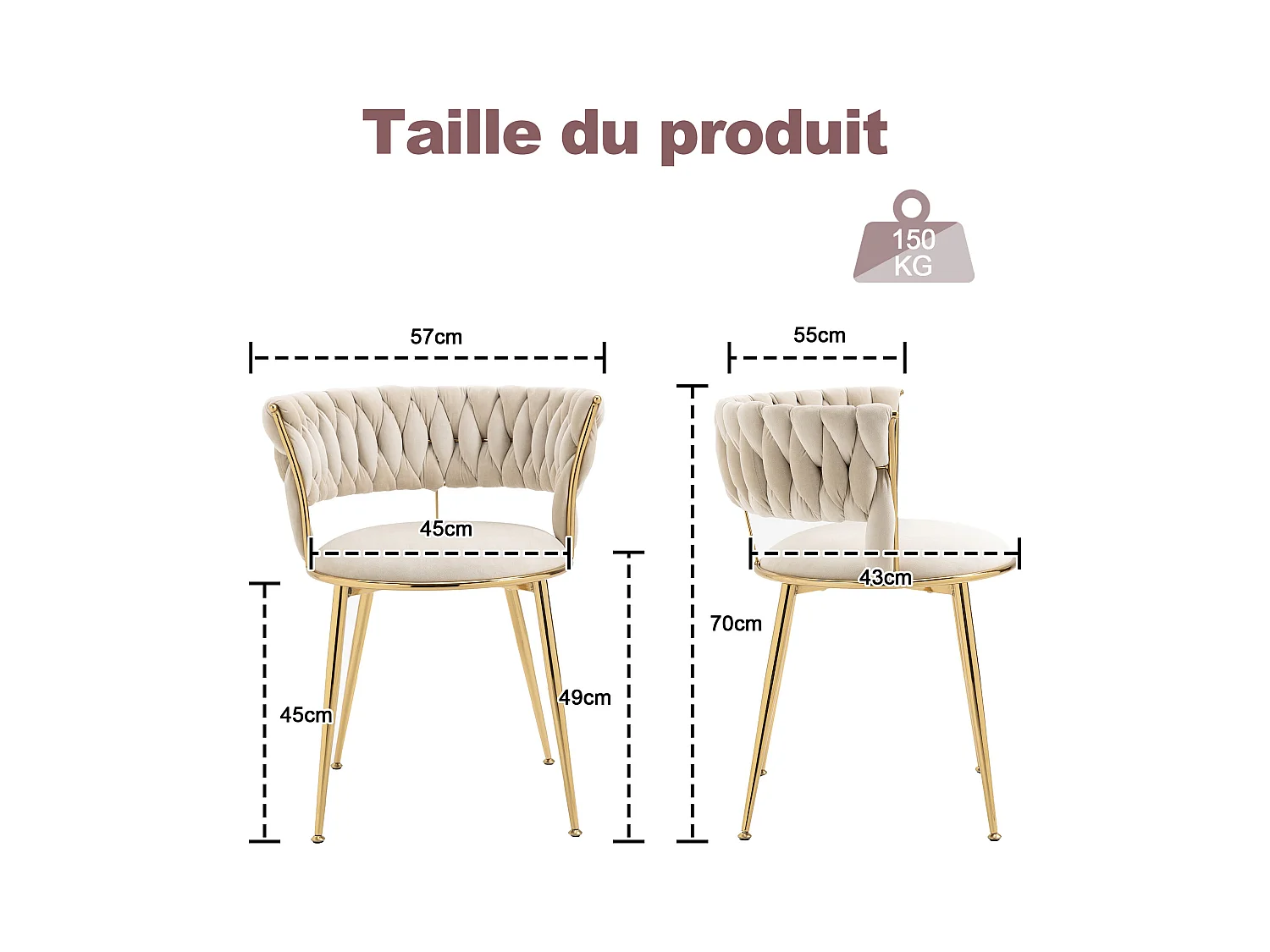 Lot de 4 chaises en velours ivoire - dossier ajouré tressé et pieds dorés - Idéales pour intérieur chic et contemporain