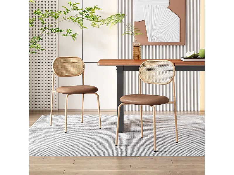 Lot de 2 chaises à manger en similicuir avec dossier en rotin - pieds en métal - marron