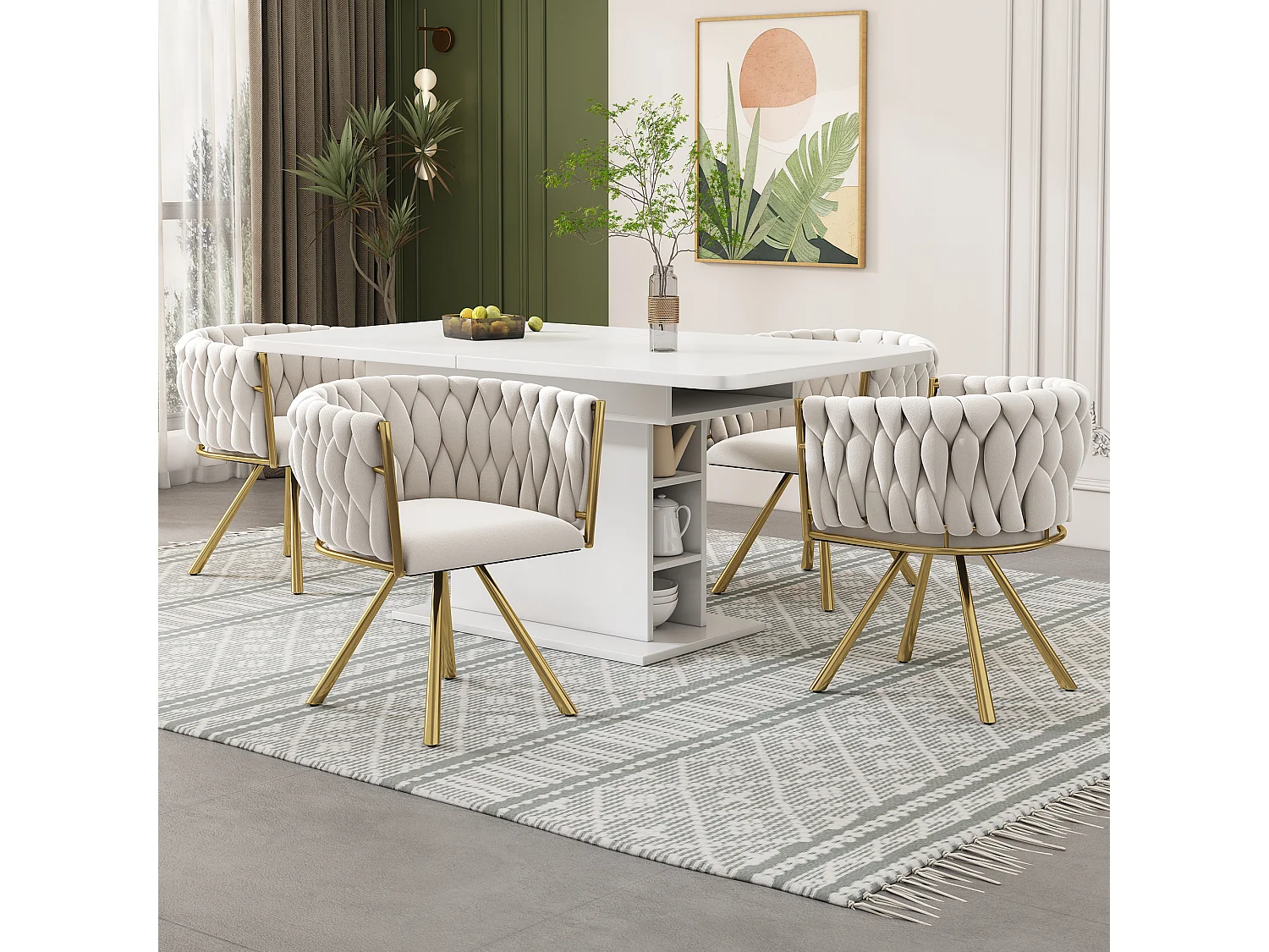 Set van 2 draaibare eetkamerstoelen met armleuningen en rugleuning - gouden metalen poten - beige fluweel