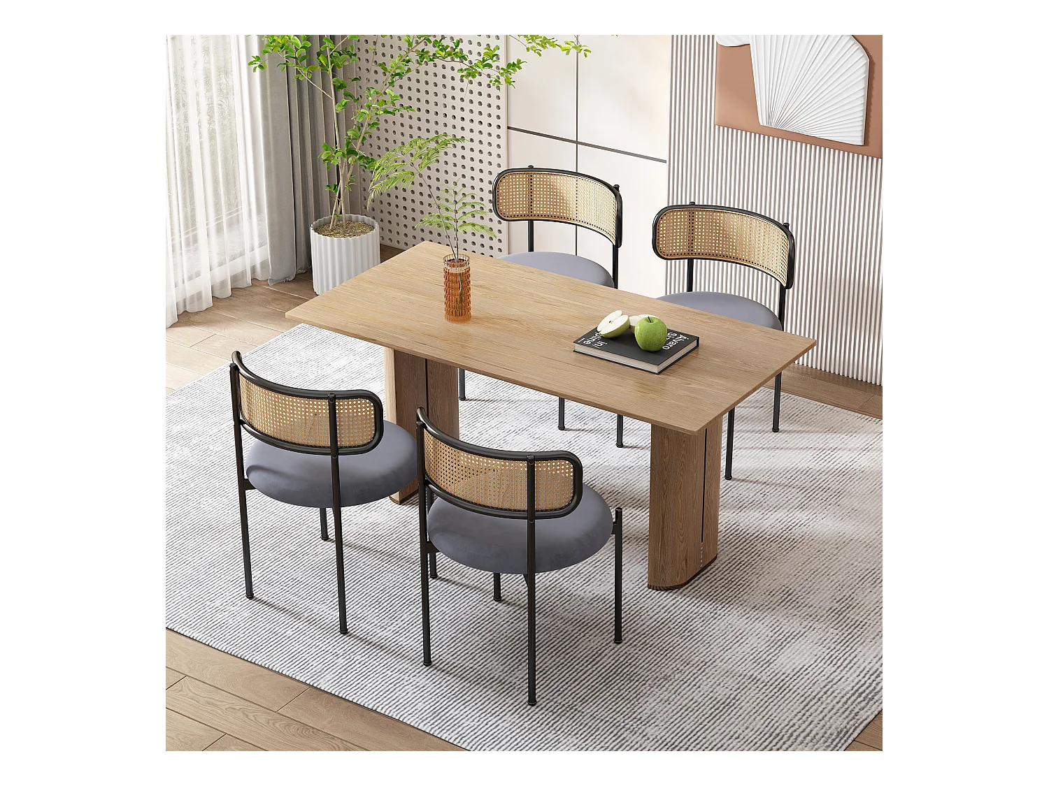 Lot de 6 chaises à manger en velours avec dossier en rotin - pieds en métal - gris