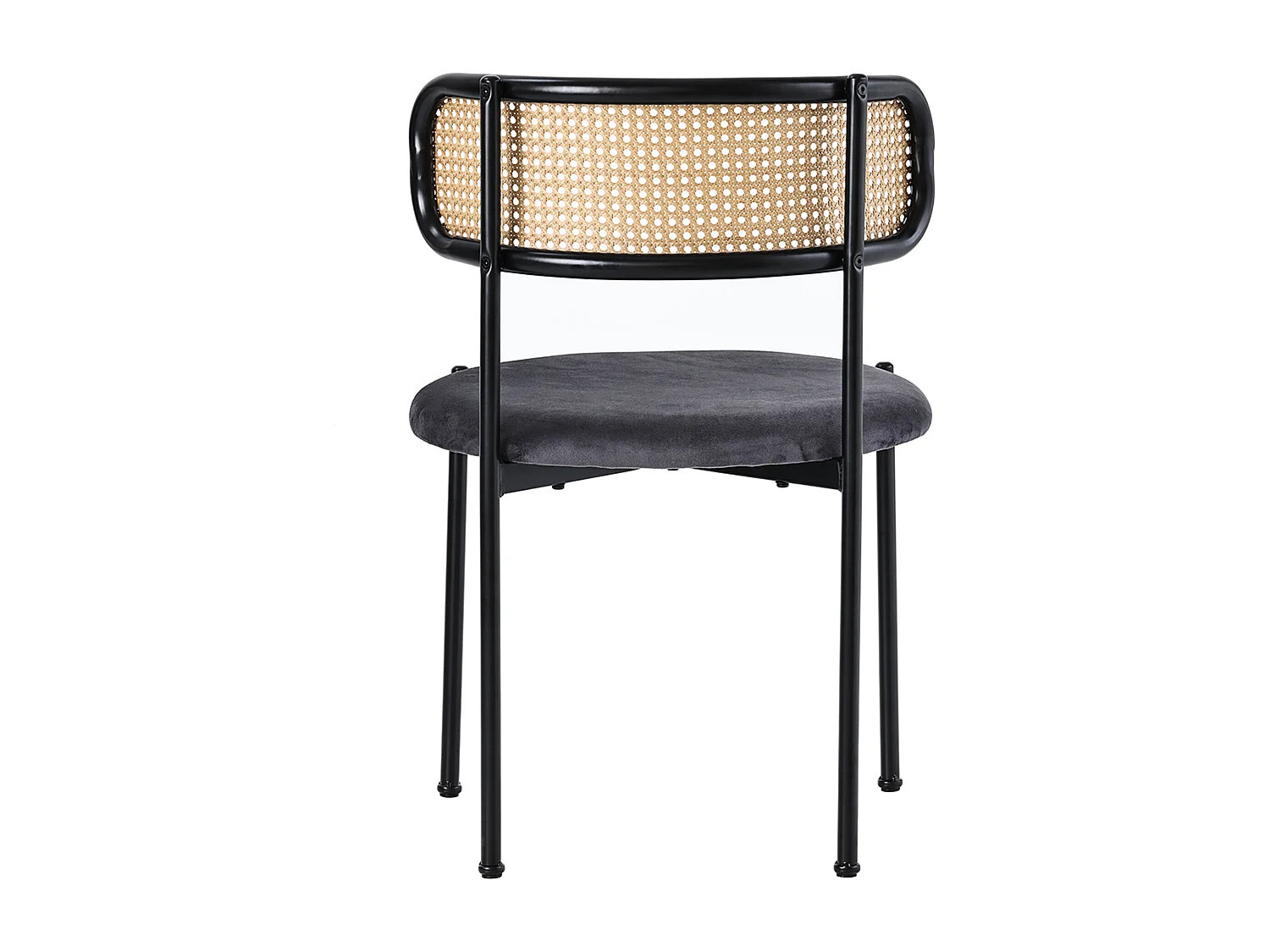 Set van 4 fluwelen eetkamerstoelen met rotan rugleuning - metalen poten - grijs