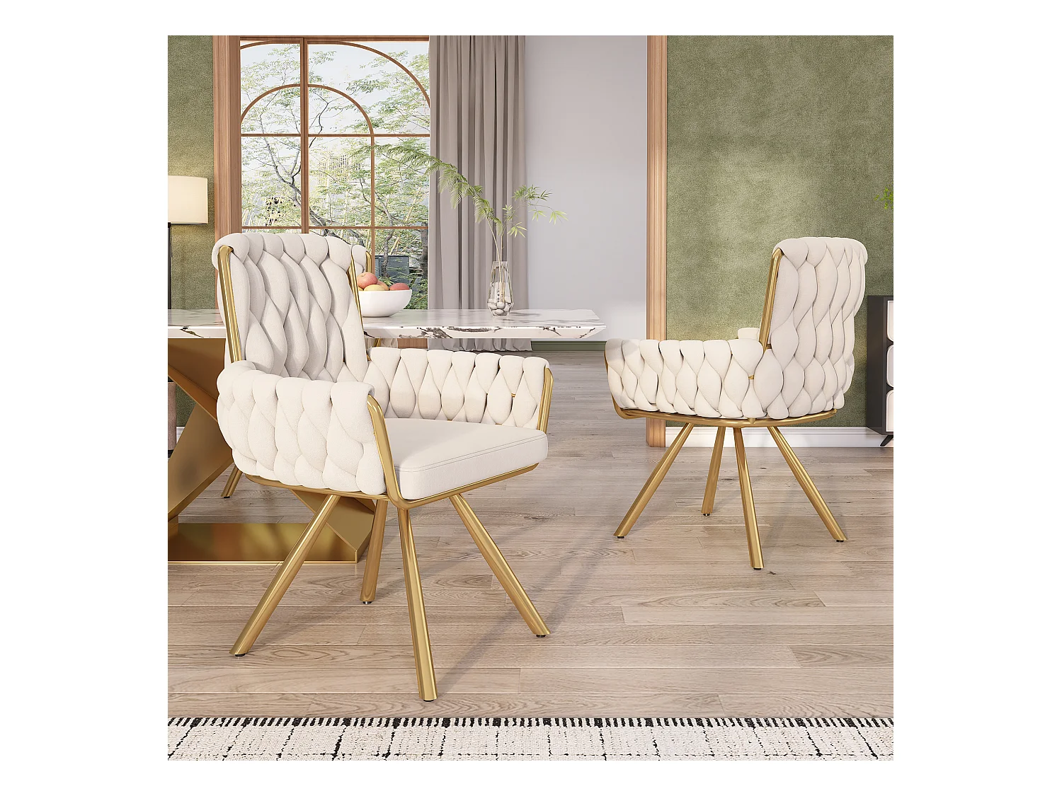 Lot de 2 chaises à manger rotative en velours avec accoudoirs et dossier - pieds en métal - beige