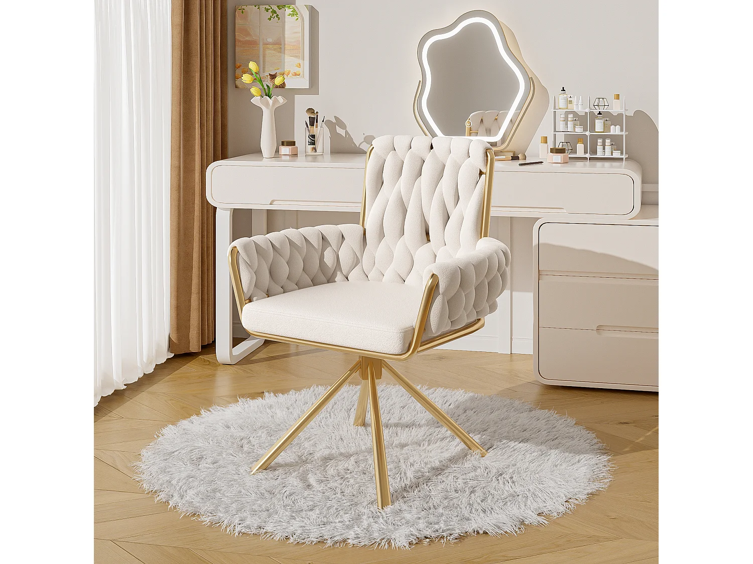 Draaibare eetkamerstoelen van fluweel met armleuningen en rugleuning - metalen poten - beige