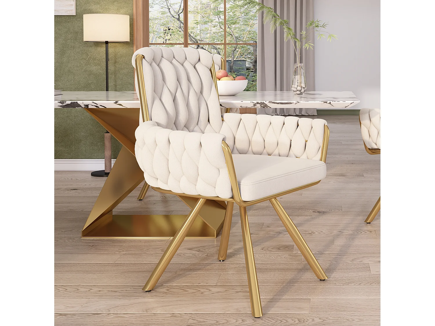 Draaibare eetkamerstoelen van fluweel met armleuningen en rugleuning - metalen poten - beige
