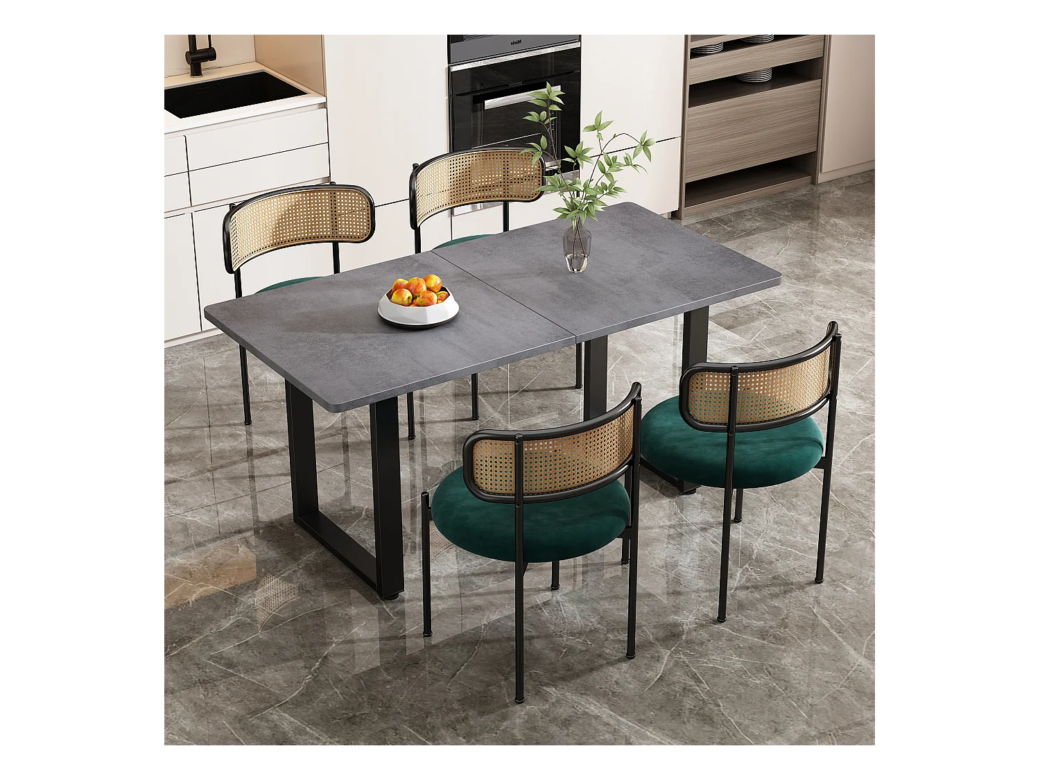 Lot de 4 chaises à manger en velours avec dossier en rotin - pieds en métal - vert