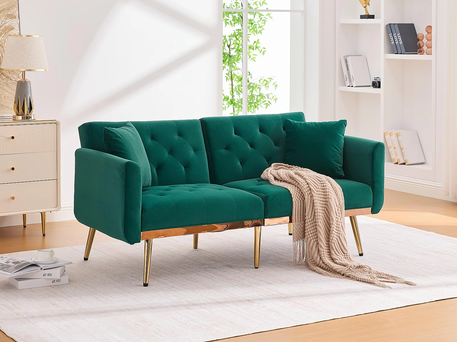 Canapé 2 Places en Tissu Velour Noir  - avec dossier réglable et pieds dorés - Élégant et pratique pour votre salon