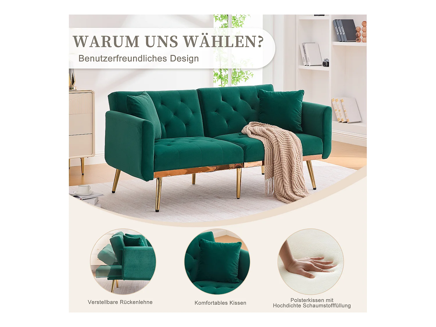 Canapé 2 Places en Tissu Velour Noir  - avec dossier réglable et pieds dorés - Élégant et pratique pour votre salon