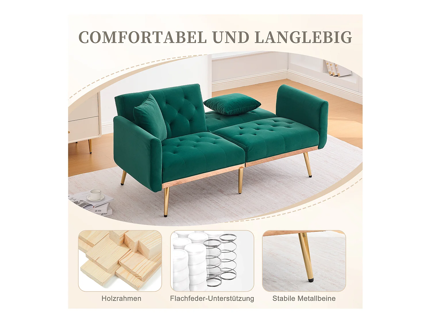 Canapé 2 Places en Tissu Velour Noir  - avec dossier réglable et pieds dorés - Élégant et pratique pour votre salon