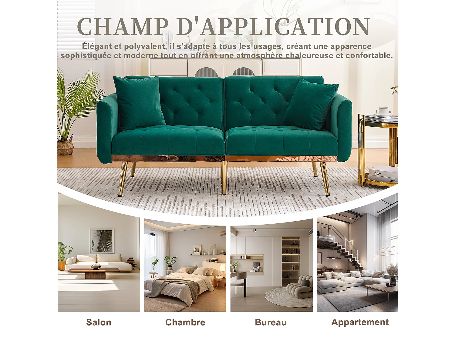 Canapé 2 Places en Tissu Velour vert  - avec dossier réglable et pieds dorés - Élégant et pratique pour votre salon