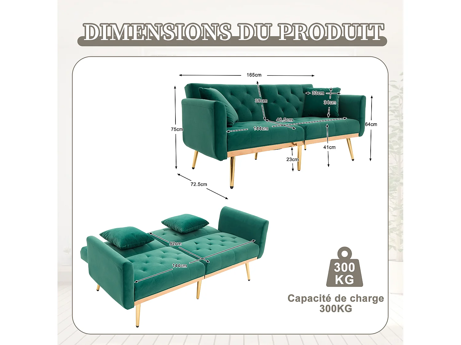 Canapé 2 Places en Tissu Velour vert  - avec dossier réglable et pieds dorés - Élégant et pratique pour votre salon