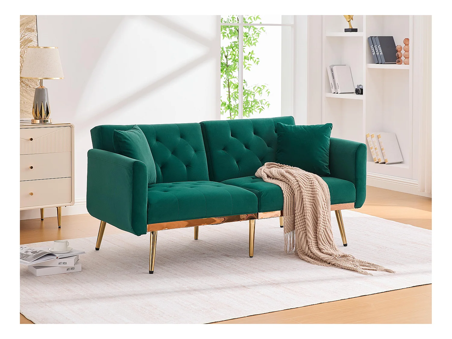Canapé 2 Places en Tissu Velour Noir  - avec dossier réglable et pieds dorés - Élégant et pratique pour votre salon