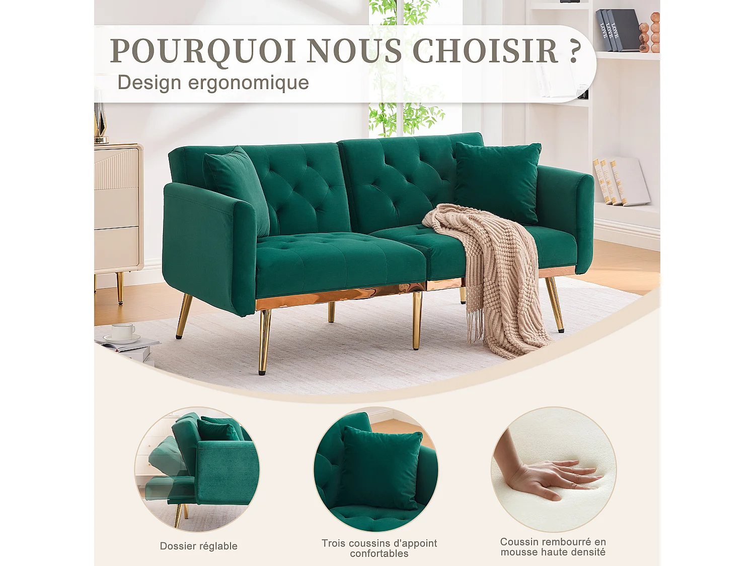 Canapé 2 Places en Tissu Velour vert  - avec dossier réglable et pieds dorés - Élégant et pratique pour votre salon