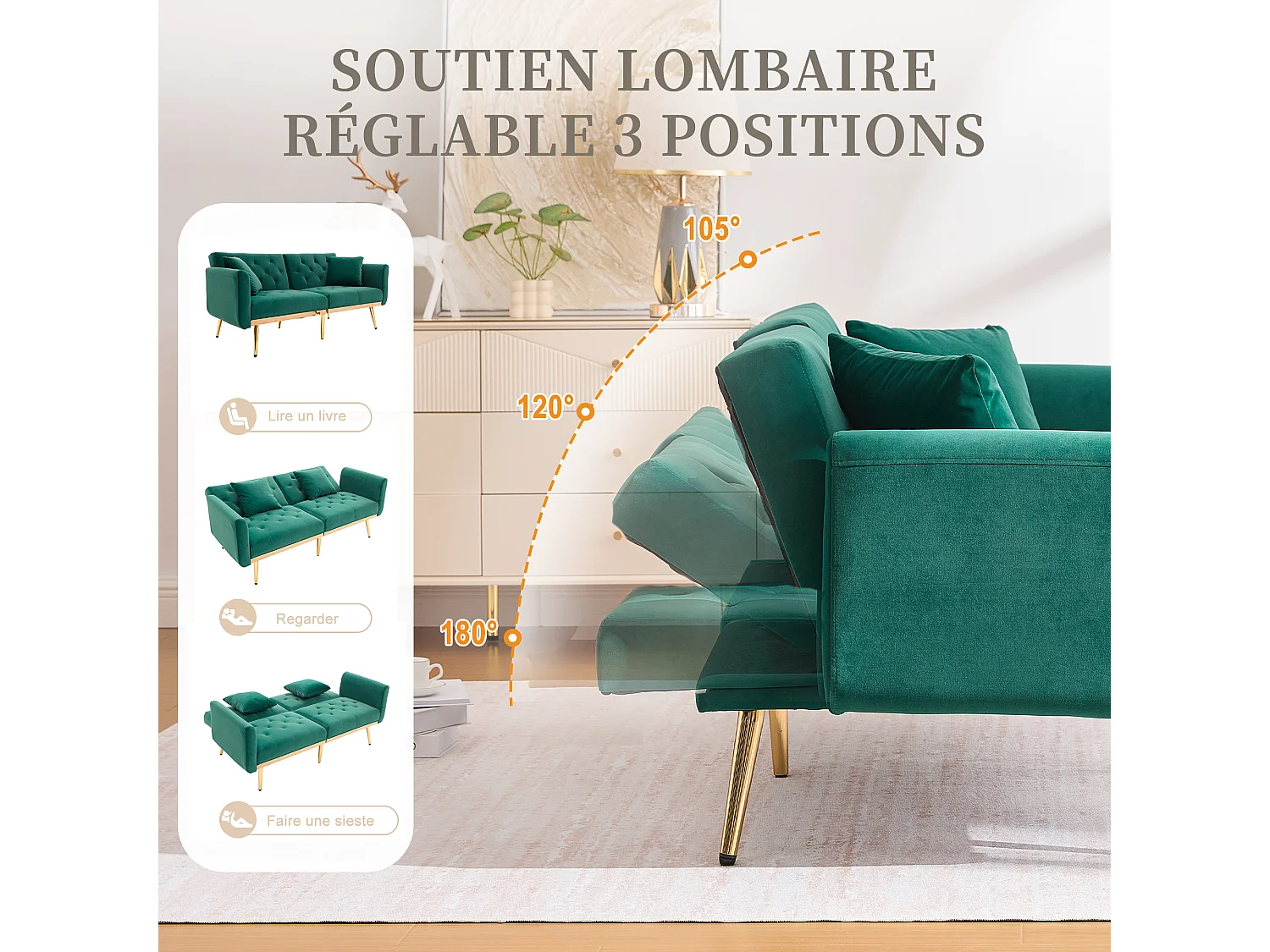 Canapé 2 Places en Tissu Velour vert  - avec dossier réglable et pieds dorés - Élégant et pratique pour votre salon