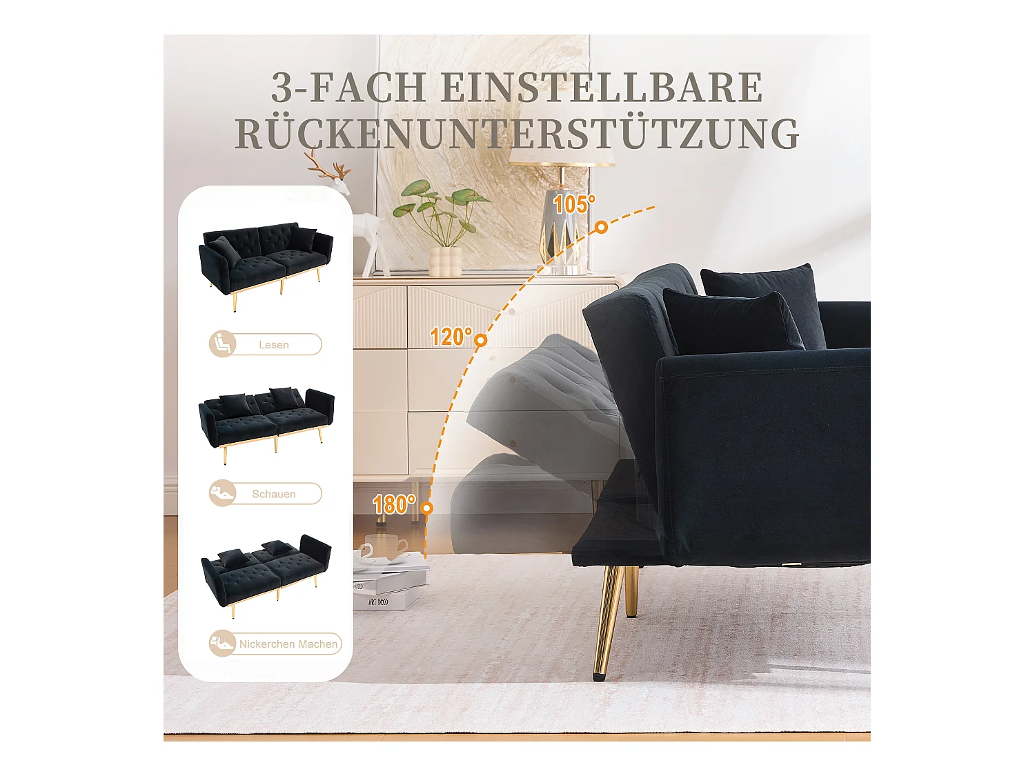 Canapé 2 Places en Tissu Velour Noir  - avec dossier réglable et pieds dorés - Élégant et pratique pour votre salon