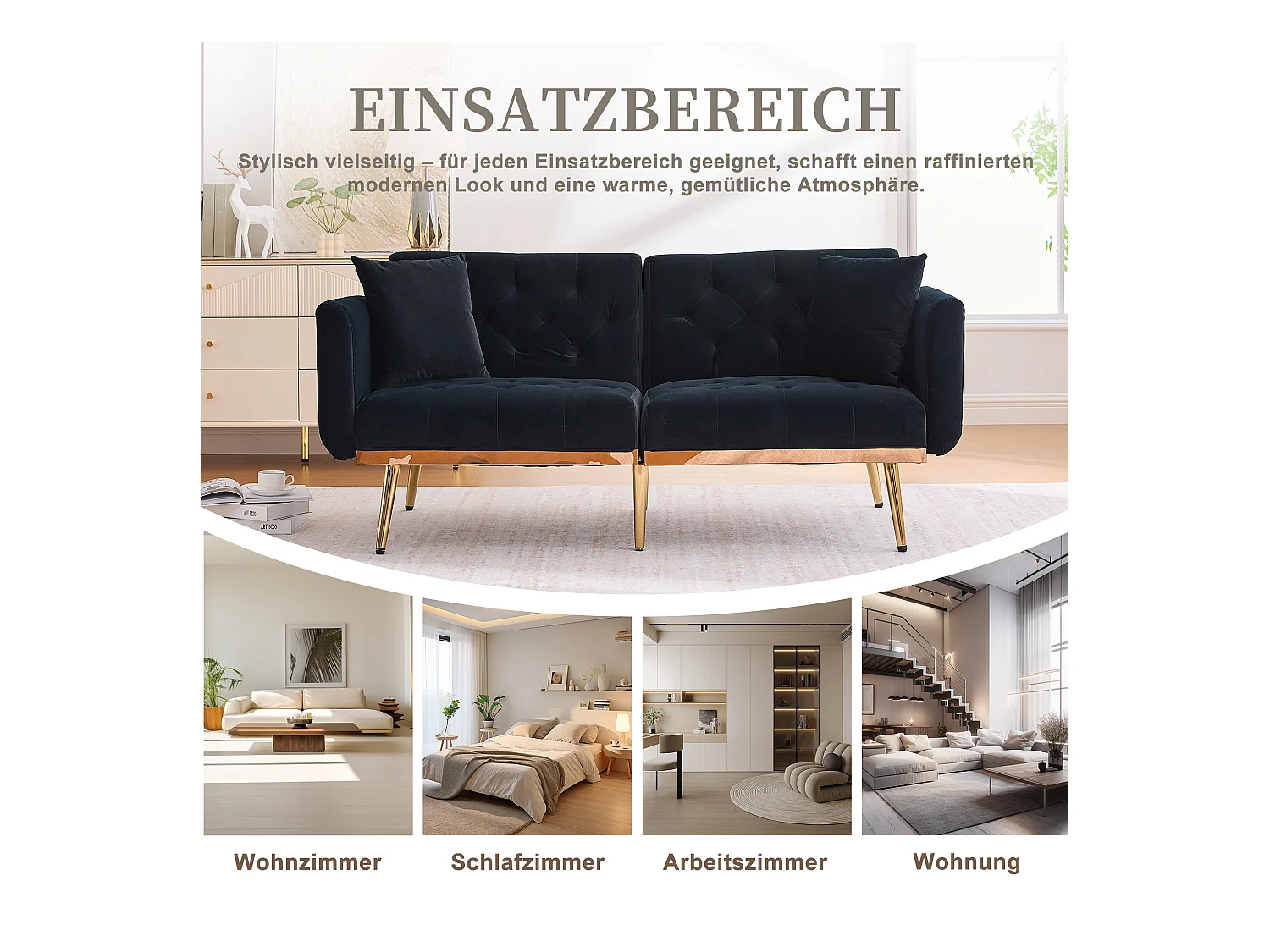 Canapé 2 Places en Tissu Velour Noir  - avec dossier réglable et pieds dorés - Élégant et pratique pour votre salon