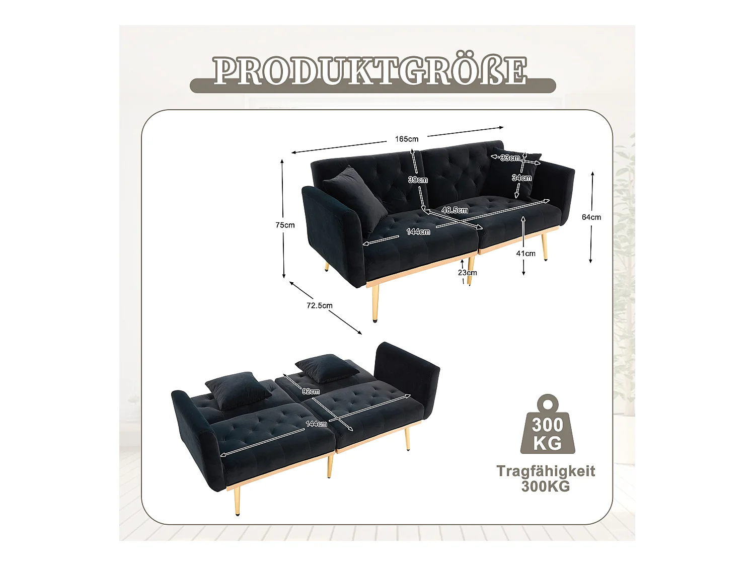 Canapé 2 Places en Tissu Velour Noir  - avec dossier réglable et pieds dorés - Élégant et pratique pour votre salon