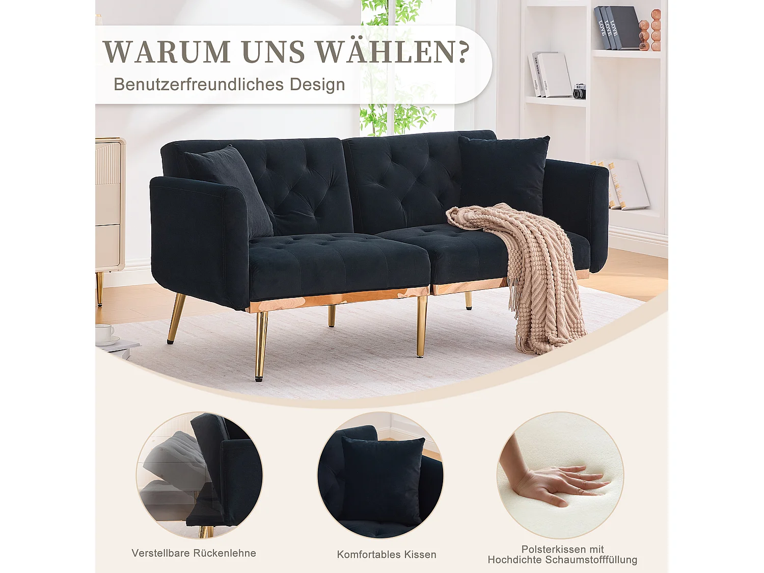 Canapé 2 Places en Tissu Velour Noir  - avec dossier réglable et pieds dorés - Élégant et pratique pour votre salon