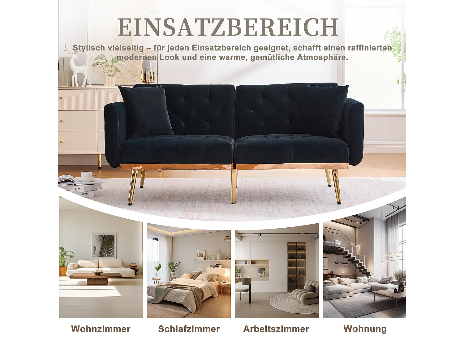 Canapé 2 Places en Tissu Velour Noir  - avec dossier réglable et pieds dorés - Élégant et pratique pour votre salon