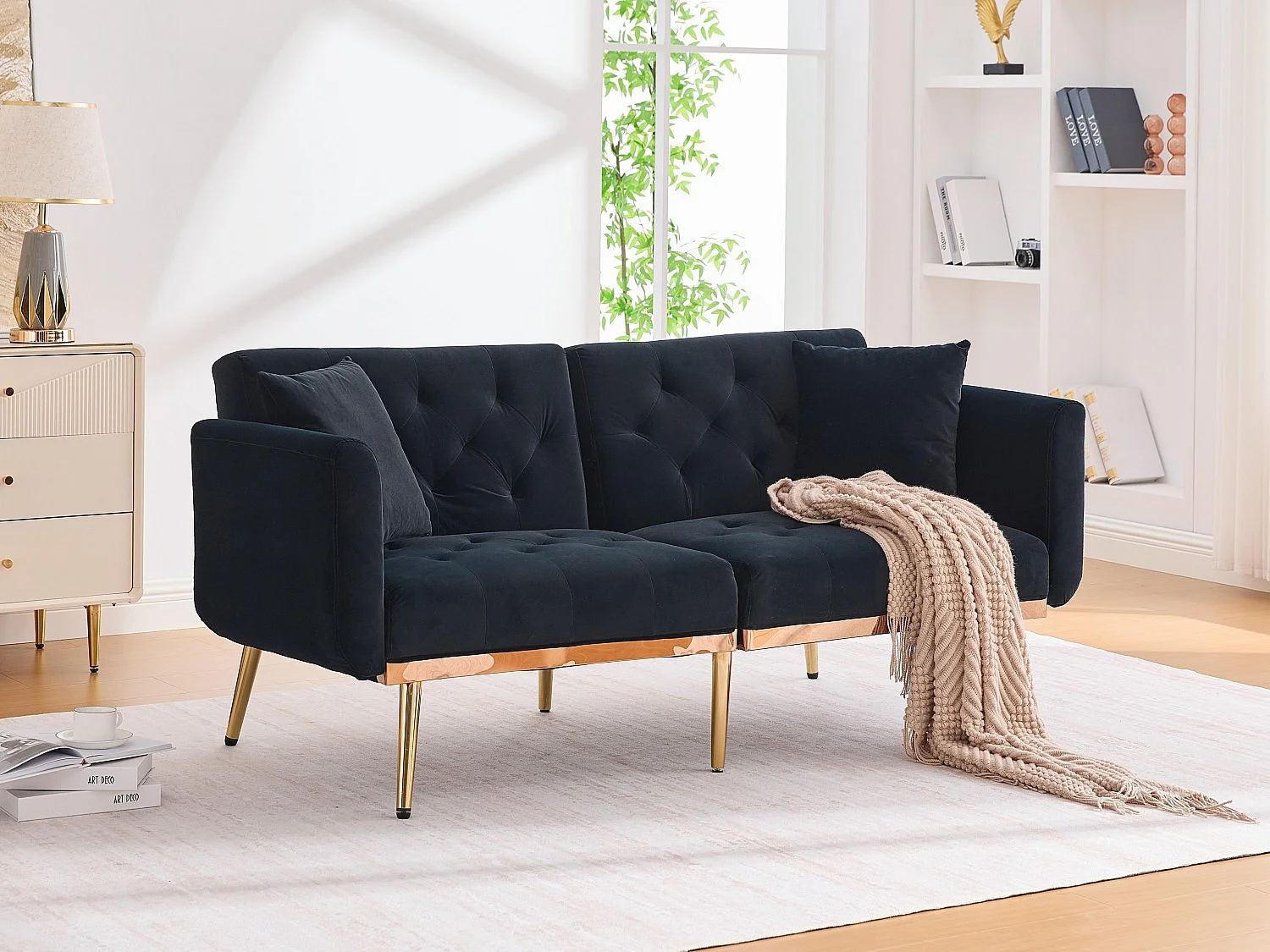 Canapé 2 Places en Tissu Velour Noir  - avec dossier réglable et pieds dorés - Élégant et pratique pour votre salon