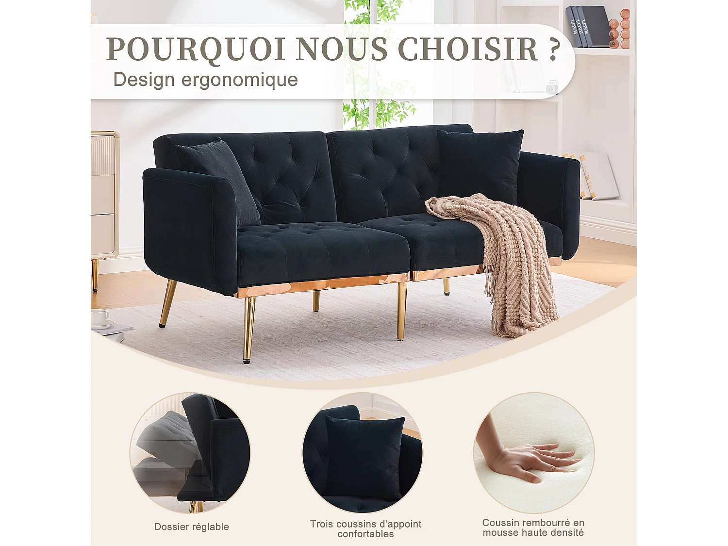 Canapé 2 Places en Tissu Velour Noir  - avec dossier réglable et pieds dorés - Élégant et pratique pour votre salon