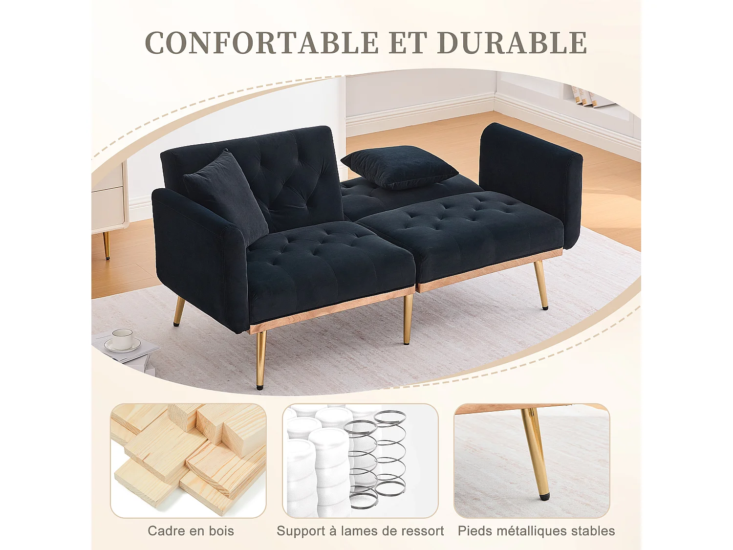 Canapé 2 Places en Tissu Velour Noir  - avec dossier réglable et pieds dorés - Élégant et pratique pour votre salon