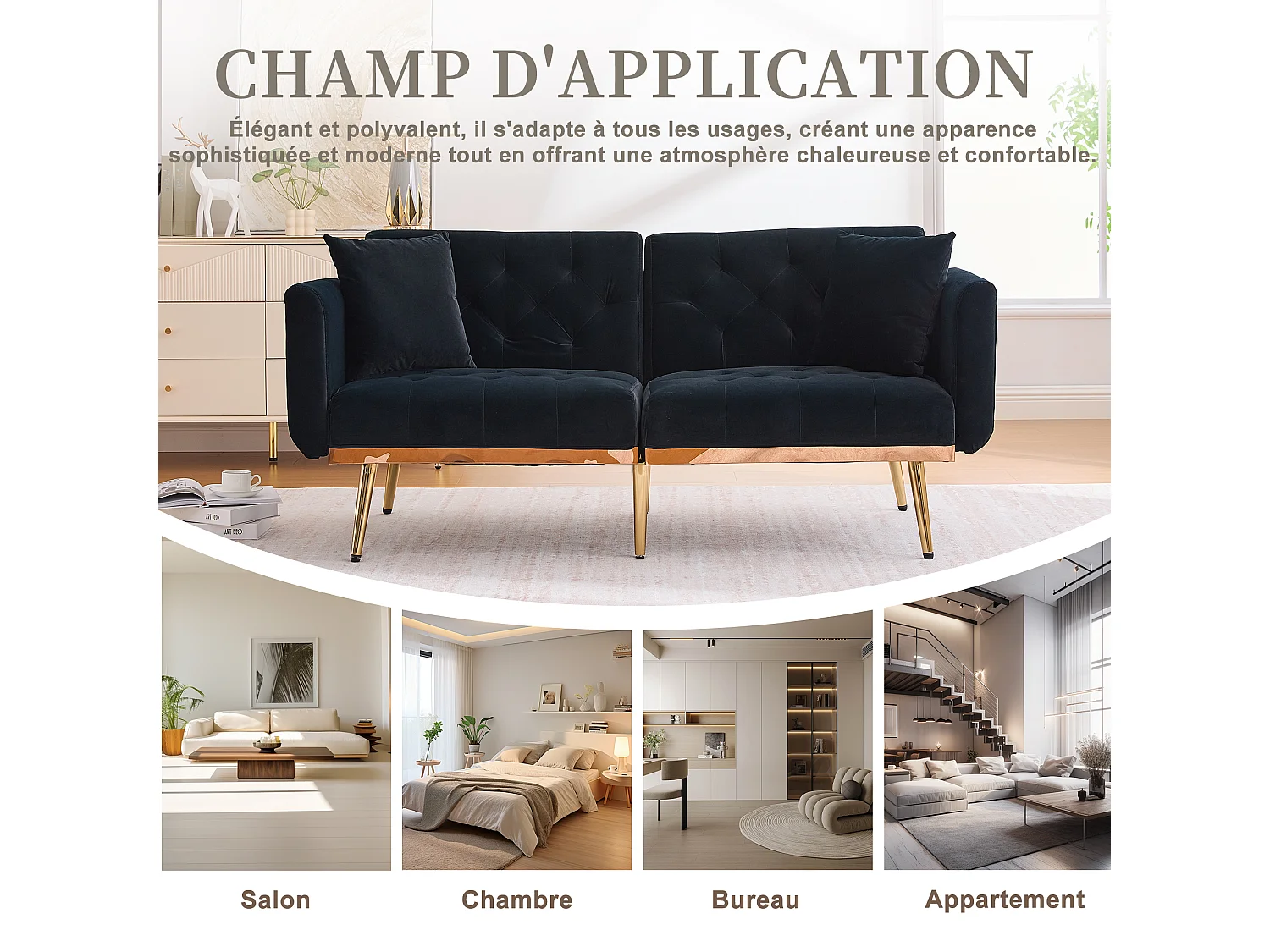 Canapé 2 Places en Tissu Velour Noir  - avec dossier réglable et pieds dorés - Élégant et pratique pour votre salon