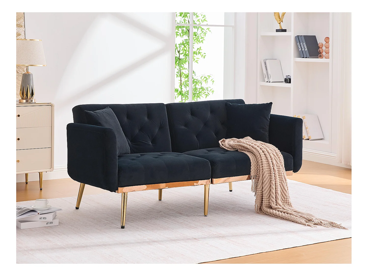 Canapé 2 Places en Tissu Velour Noir  - avec dossier réglable et pieds dorés - Élégant et pratique pour votre salon