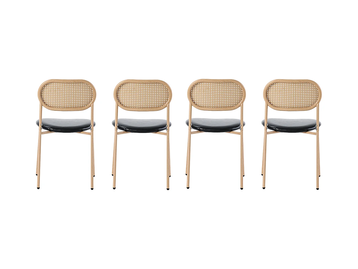 Lot de 4 chaises à manger en similicuir avec dossier en rotin - pieds en métal - noir