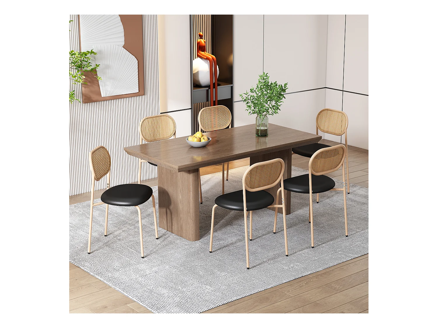 Lot de 4 chaises à manger en similicuir avec dossier en rotin - pieds en métal - noir